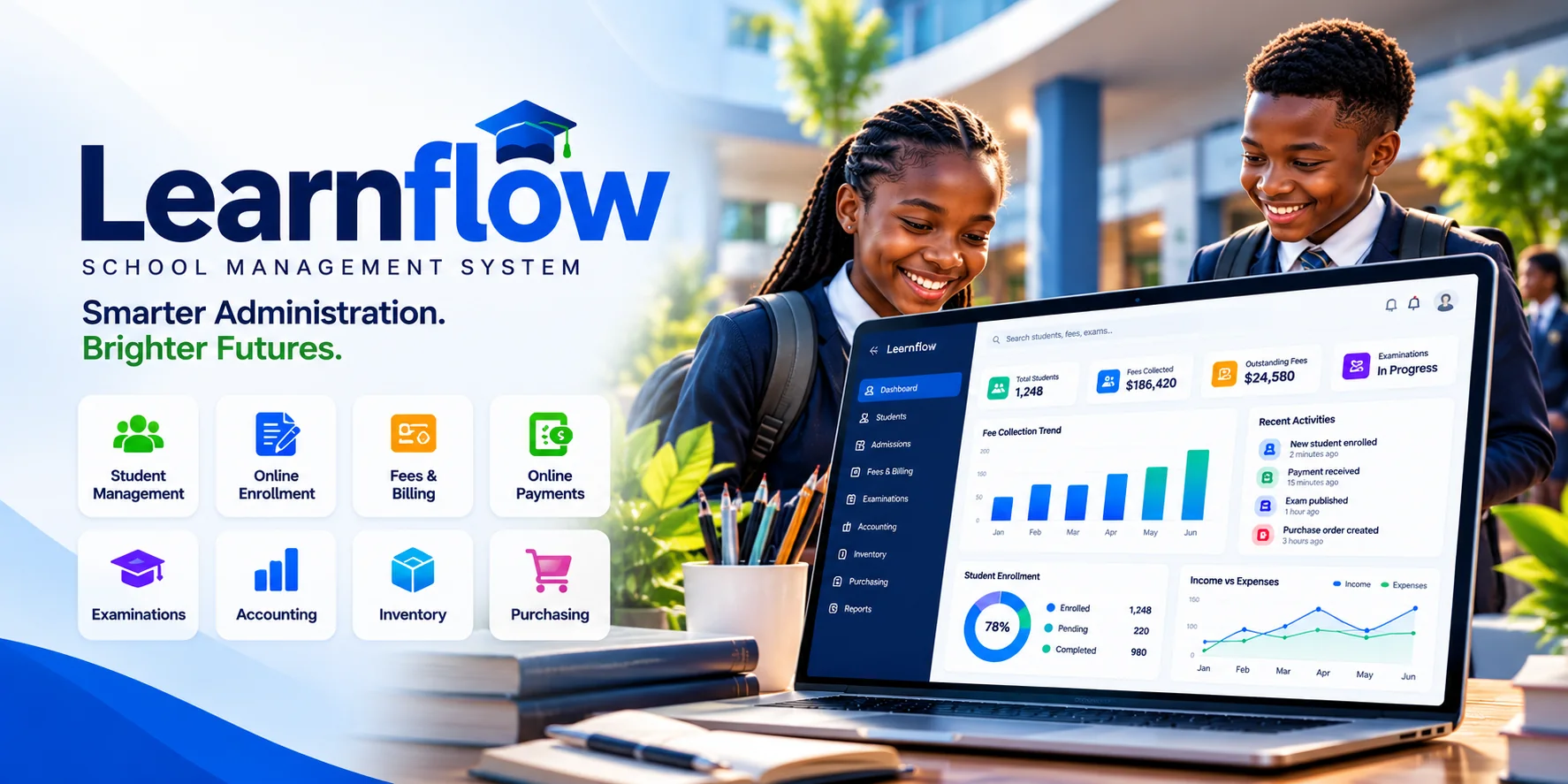 Learnflow school management system dashboard for fees, accounting and student administration