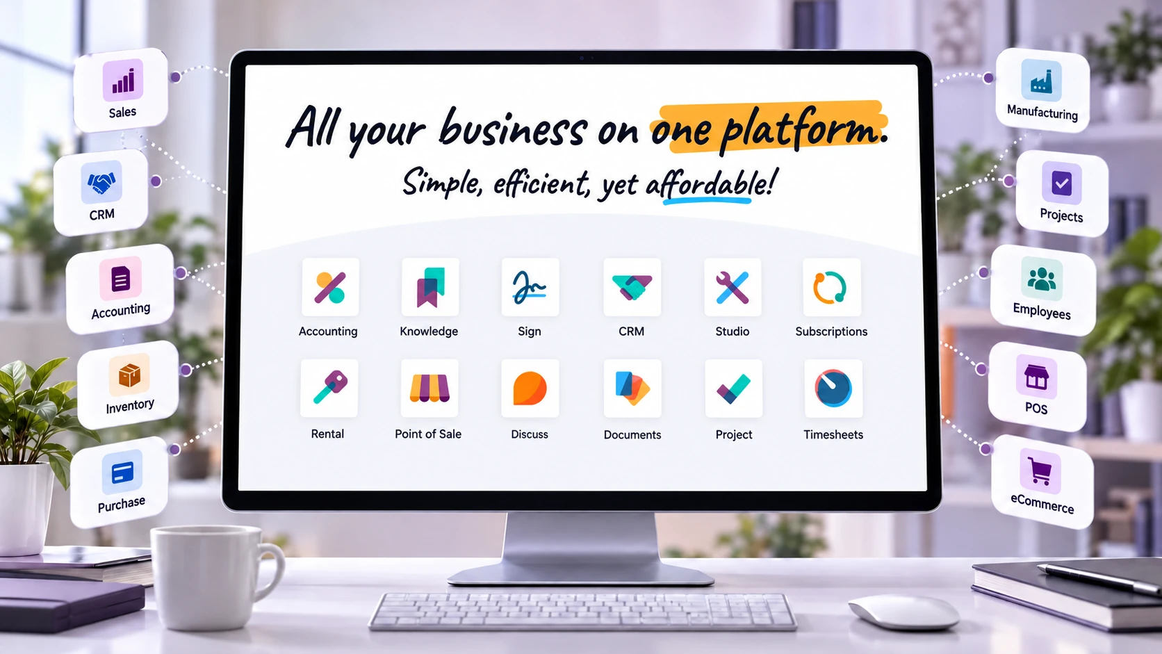 Odoo business applications including accounting, knowledge, sign, CRM, studio, subscriptions, rental, point of sale, discuss, documents, projects and timesheets